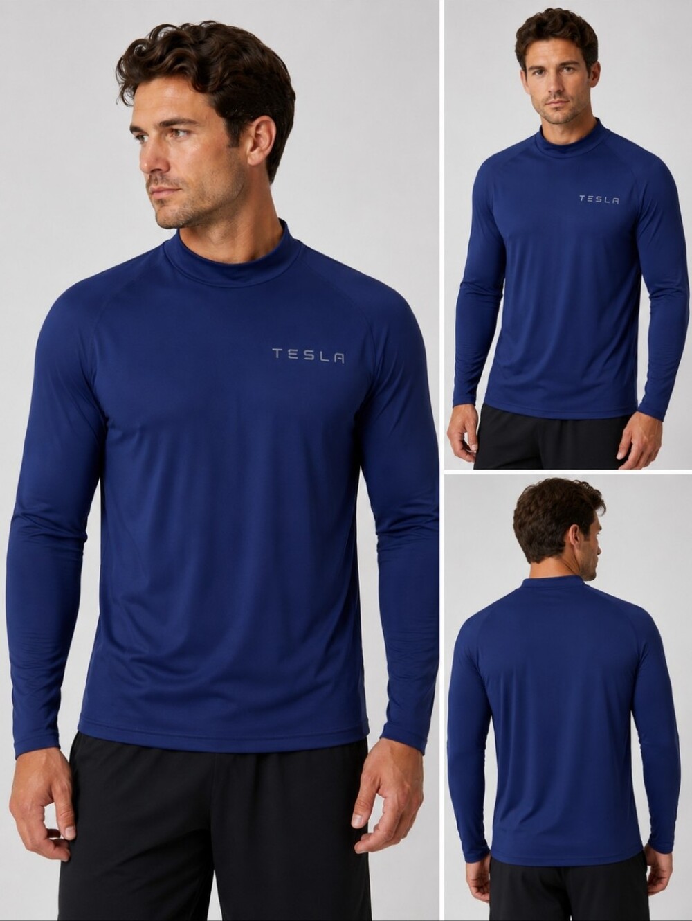 Tesla  long sleeve mock neck blue stretchy fitted compression men's top